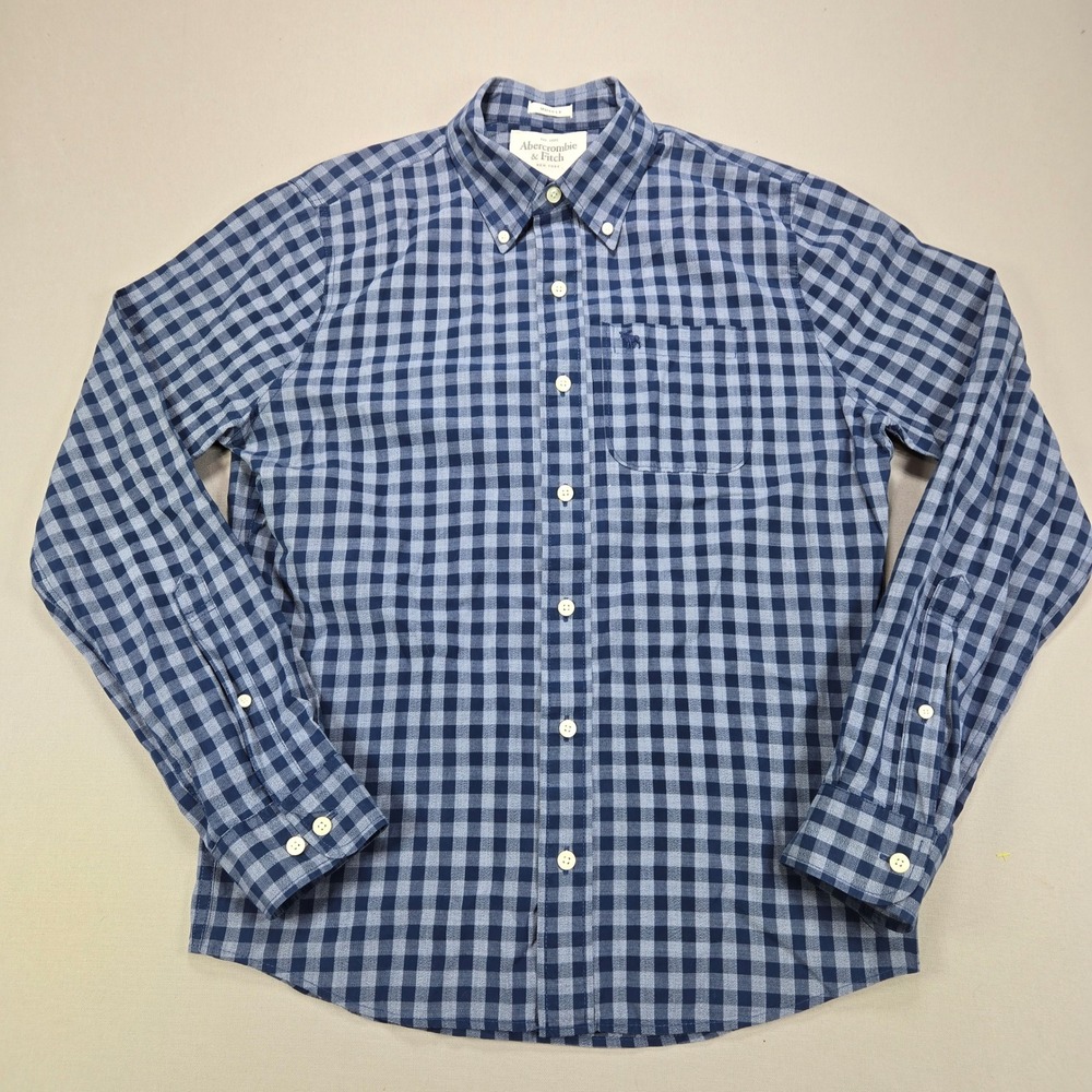 Abercrombie‎ & Fitch Button Down Shirt Gingham Muscle Fit Navy Blue Mens Size S
